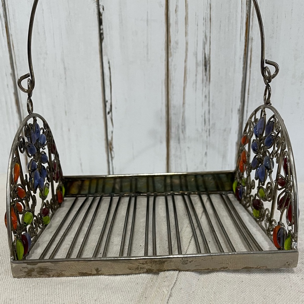 Vintage Glass Like Beaded Silver Napkin Holder with Beaded Handle - Picture 7 of 16